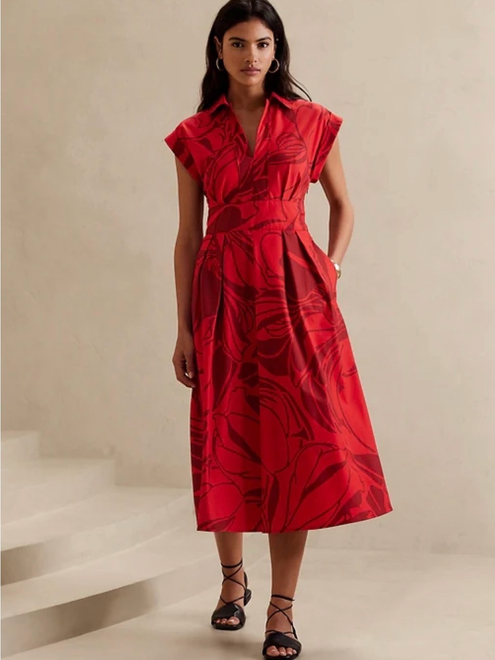 NWT BANANA REPUBLIC Band Waist Poplin Red Onyx Collared S/S Cotton Midi Dress 10